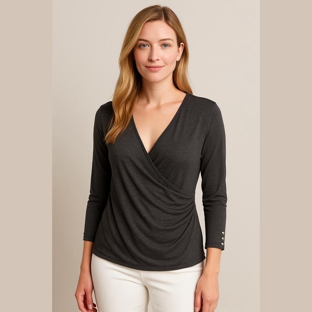 White House Black Market Gray Wrap Blouse 3/4 Sleeve